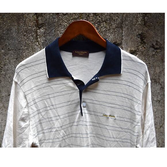 Leno Marin Made in Italy Silk Cotton Polo Shirt Beige Striped Short Sleeve Large - Picture 2 of 3